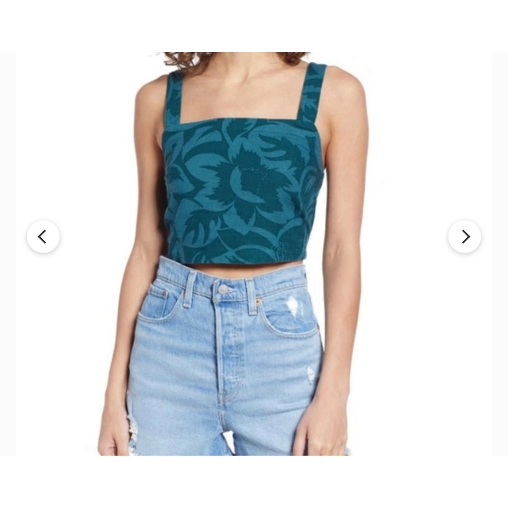 UpWest Tank Top Women Large Teal Blue Tropical Leaf Print Square Neck Crop Top